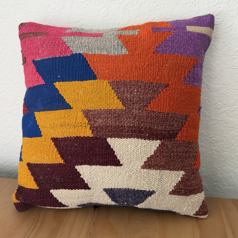 Kilim Throw Pillow Hand Woven Turkish Rug Pillow Cover Cushion Boho 16"x16"